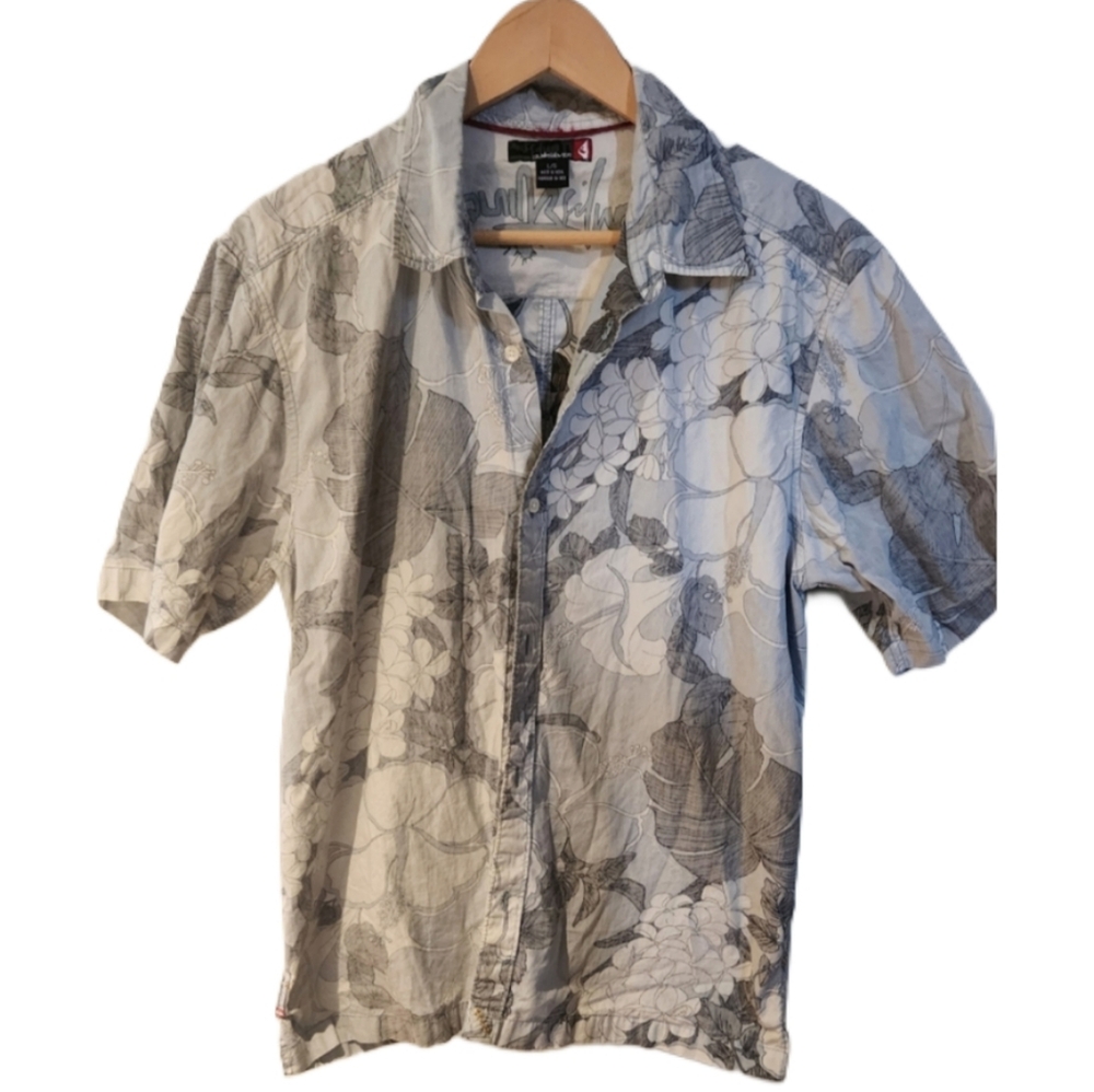 Quicksilver Lg Gray Casual Button Down Shirt Muted Beach Theme‎